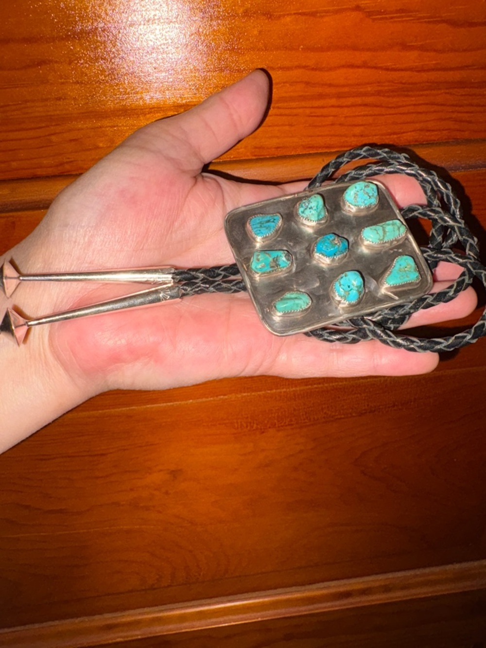 Turquoise Stone Bolo Tie with Braided Leather Cord Huge